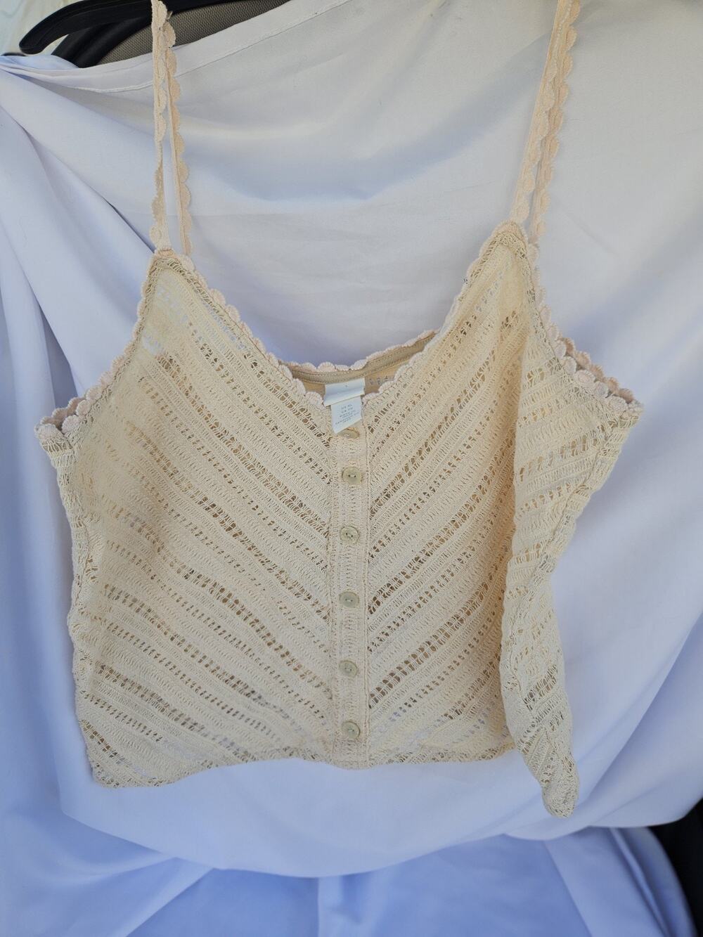 H&M Pointelle-Knit Crochet Button-Front Camisole Top - Cream